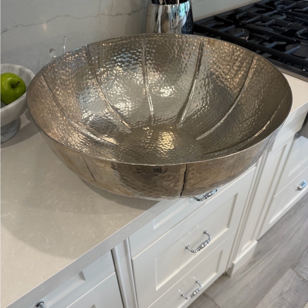 Large Hammered Metal Decorative Bowl - Silver Finish